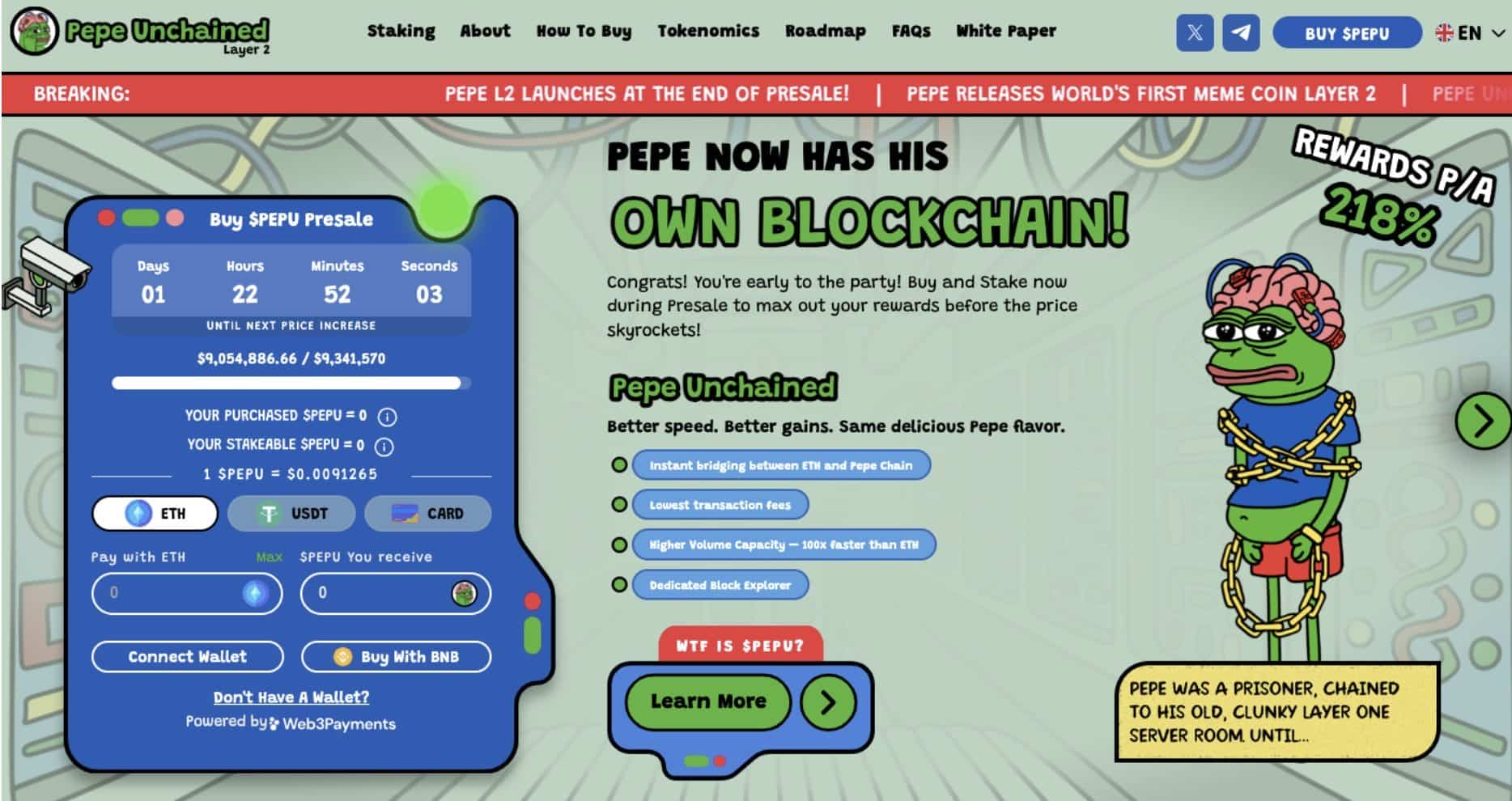 Pepe Unchained $PEPU Presale Surges Over $9 Million with Exciting $PEPE and Layer 2 Buzz